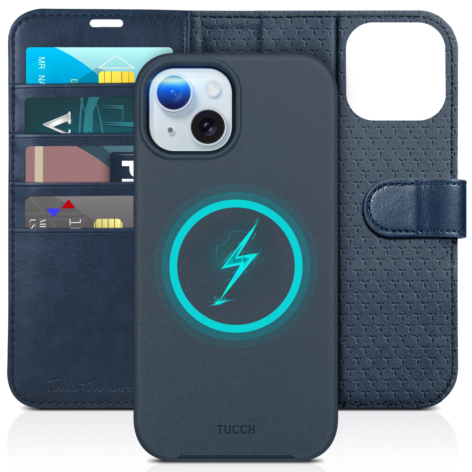 TUCCH Case for iPhone 15 (6.1") 2023, Detachable 2 in 1 Wallet Cover with[RFID Blocking][Wireless Charging][Card Holders][Viewing Stand]Shockproof Magnetic PU Leather Removable Folding Case, Dark Blue