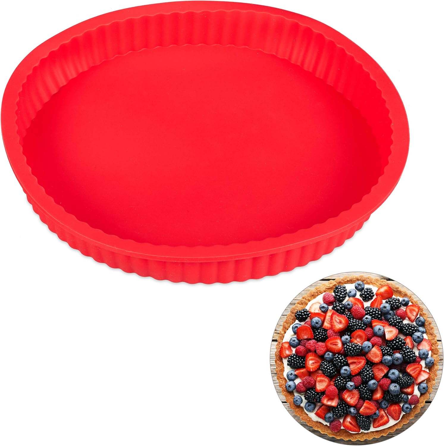 Relaxdays Obstkuchenform aus Silikon, für Quiche, Tarte, Obstkuchen, spülmaschinenfest & hitzebeständig, Ø 25 cm, rot