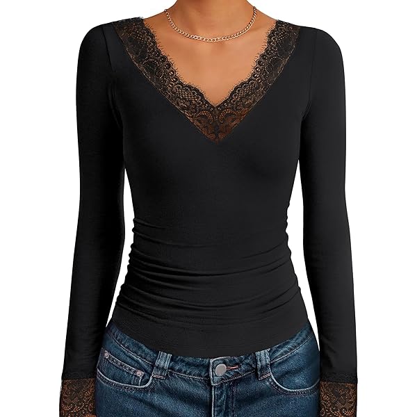 Amazon.com: Women Sexy Lace V Neck Tops Casual Long Sleeve Floral