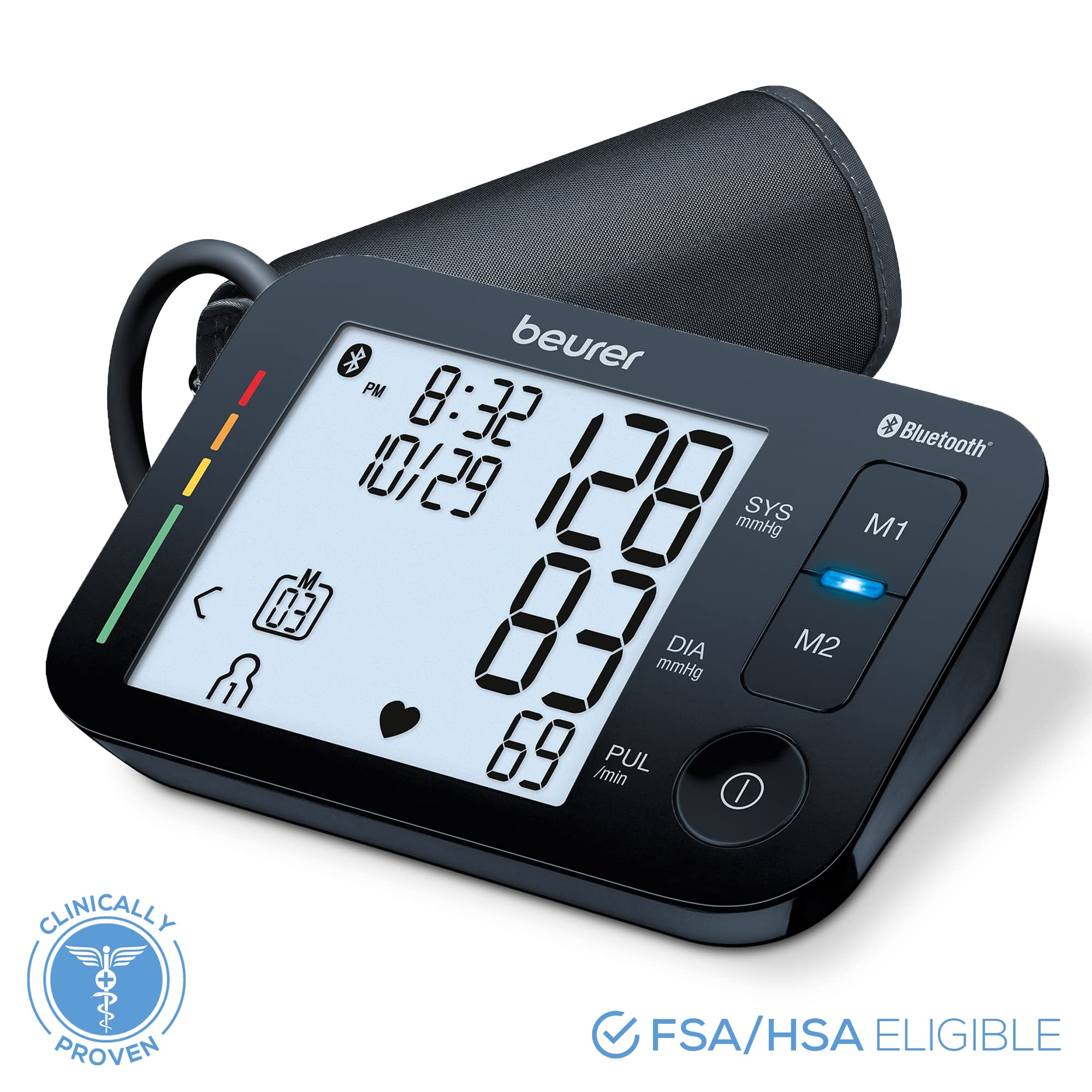 Beurer BM54 Upper Arm Blood Pressure Monitor, Bluetooth with Adjustable Automatic Cuff, Large Display, Smart Machine for Home Use, Portable Storage Case Included, Black