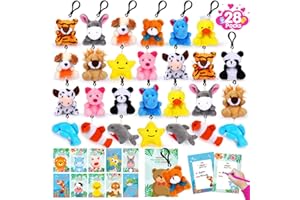 FLY2SKY 28 Packs Valentines Day Gifts for Kids Girls Boys with Valentines Stuffed Animal Keychain Valentine Cards for Kids Classroom Exchange Gifts Mini Animal Plush Toys Valentines Party Favor School Prizes