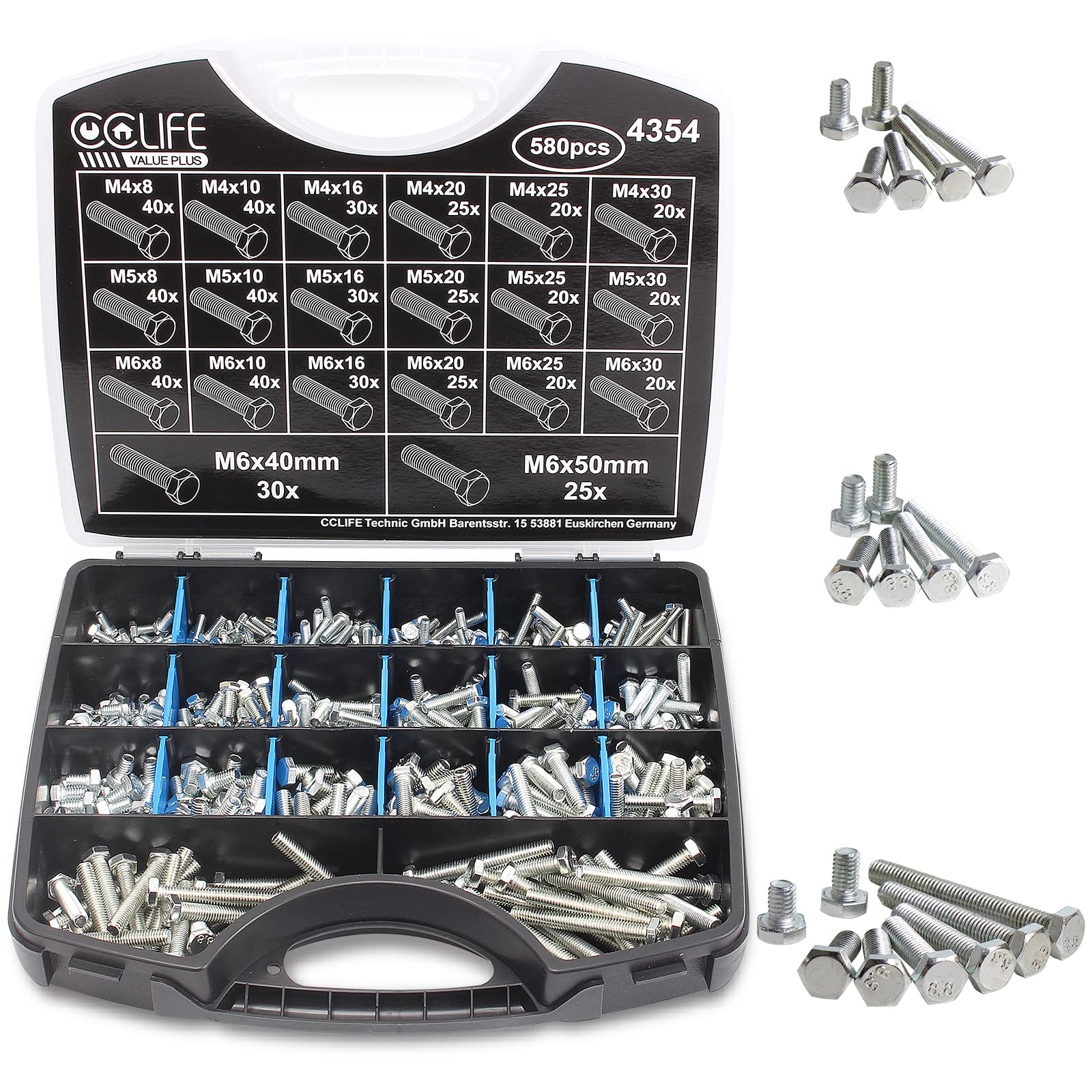 CCLIFE 580-Piece Hexagonal Screws Set M4 M5 M6 8-50 mm DIN 933 Galvanised Hexagonal Screws Full Thread
