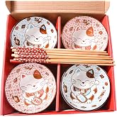 Ceramic Rice Bowl Set of 4 with Wooden Chopsticks, Boxed | Porcelain Small Bowls with Cute Cat Pattern. Suitable for Rice, Cereal, Sauce, Housewarming, Microwave &amp; Dishwasher Safe