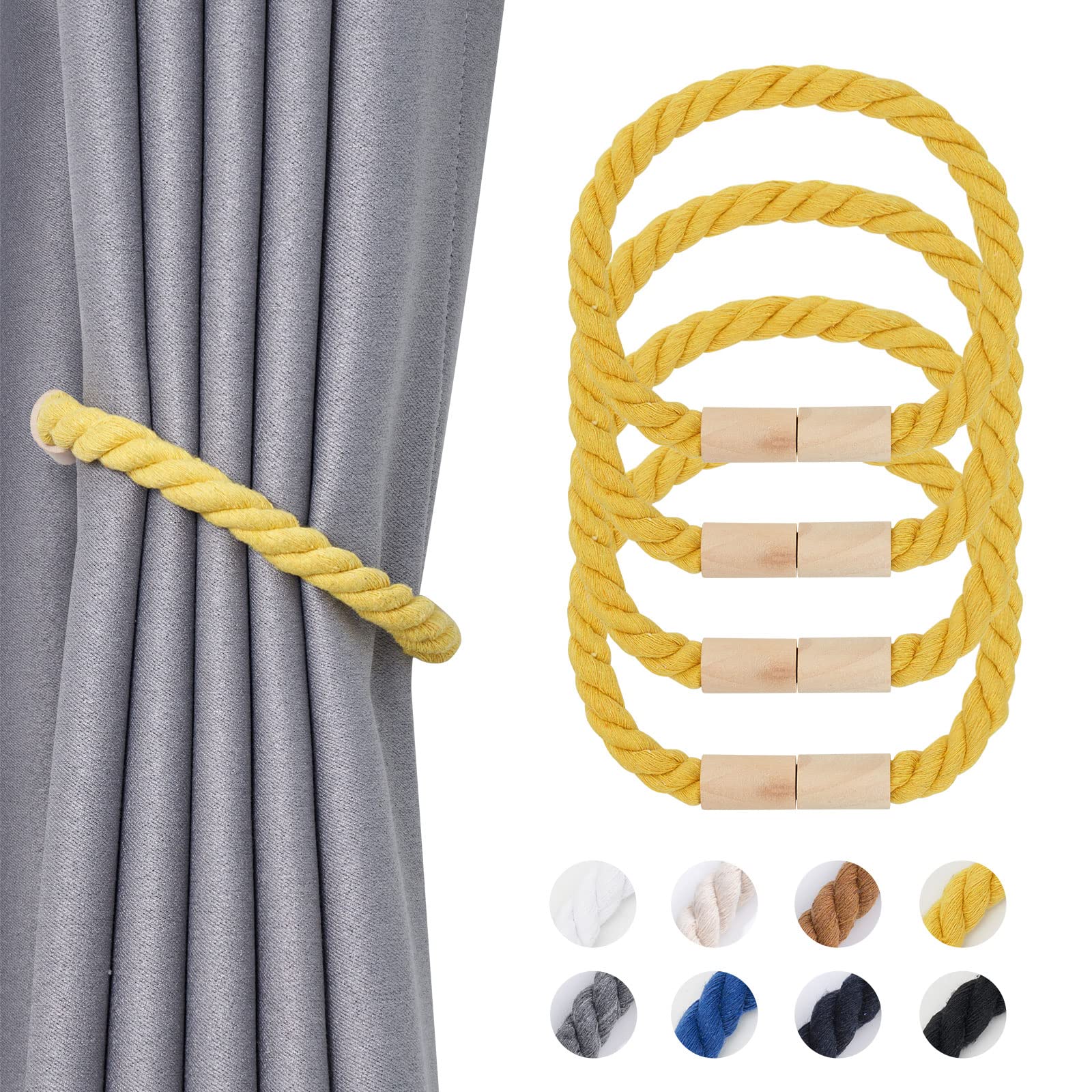 Pretty Jolly 4 Pack Wooden Magnetic Curtain Tiebacks Boho Home Decoration Drape Tie Backs Natural Cotton Handmade Rope Curtain Holdbacks for Thin or Thick Home & Office Window Drapery (Yellow)