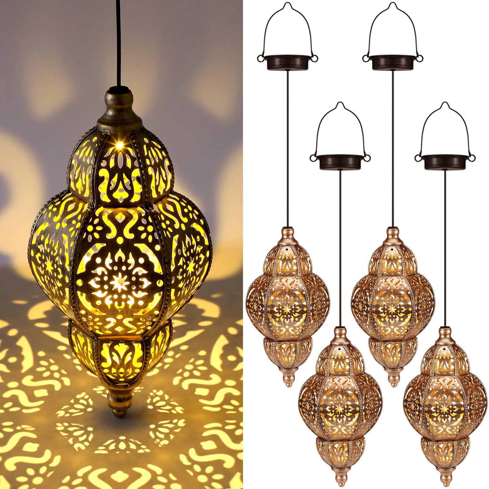 Photo 1 of Aurelema 4 Pcs Hanging Solar Lights Moroccan Outdoor Decor Solar Lantern Waterproof Metal Moroccan Hanging Decorations for Patio Pathway Yard Porch Backyard Garden Decor, Bronze(Classic Color)