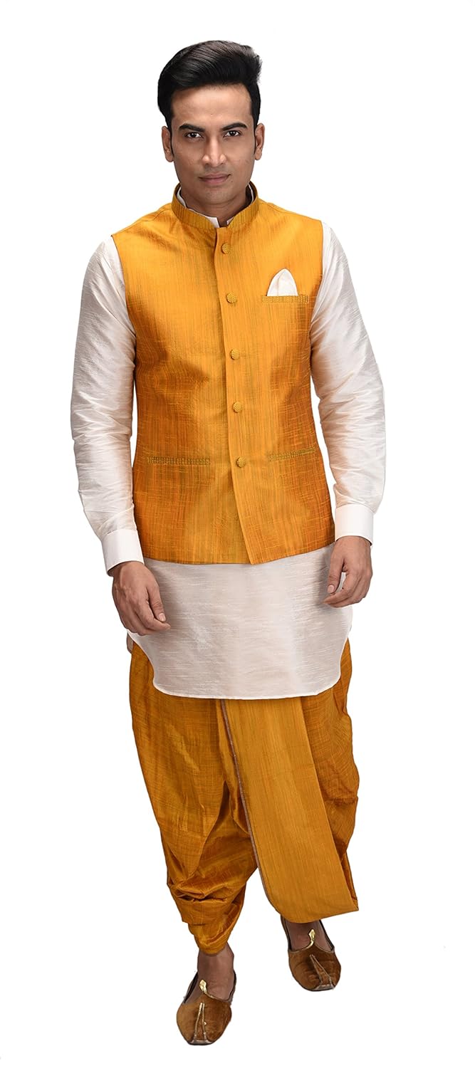 deyann yellow nehru jacket and kurta dhoti set