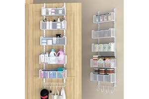 VyGrow Over The Door Organizer, Metal Door Organizer Hanging with 5 Adjustable Baskets and Coat Hook, Behind The Door Storage for Bedroom Closet Bathroom Pantry Cabinet Kitchen, White