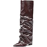 SaraIris Women's Slouchy Knee High Boots - Black, Pointed Toe, Fold Over, Chunky, Shark Boots