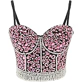 VEENDEO Women's Rhinestone Bead Bustier Crop Top Club Party Glitter Corset Top Bra Vest