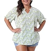 Agnes Orinda Plus Size Summer Tops for Women Floral V Neck Ruffle Puff Short Sleeve Casual Blouse Top