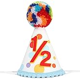 WAHAWU Baby Half Birthday Cone Hat - 1/2 Birthday Party Hat, Primary Colors, Baby Girls/Boys Confetti Cone Hats, Colored Fur Balls Hats