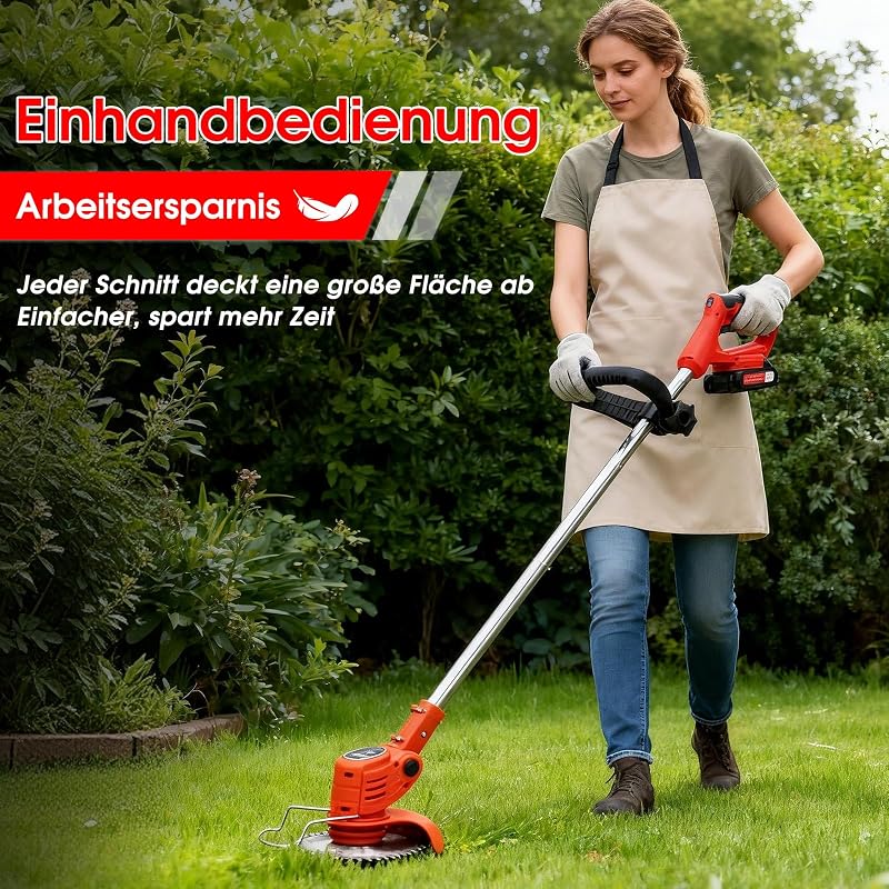 Akku-Rasentrimmer, batteriebetriebener Rasentrimmer mit 21 V, elektrischer Rasentrimmer ohne Kabel,mit 4 Arten von Klingen, Verstellbarer Kopf und Dreifach gefalteter Griff