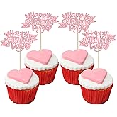 Ephlyn 24Pcs Happy Valentine's Day Cupcake Toppers Glitter Sweet Love Heart Valentines Day Cupcake Pick Decorations for Valentine's Day Theme Wedding Party Decorations Supplies Pink