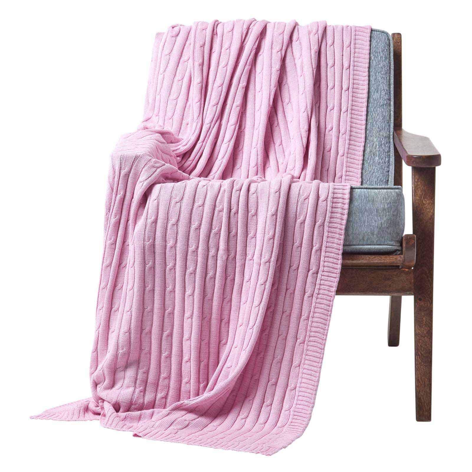 HOMESCAPES Pastel Pink Cable Knit Throw 130 x 170 cm Combed Cotton Soft and Cosy Blanket Bed and Sofa Throw For Armchairs and Single Beds