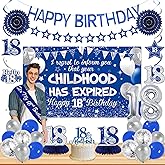 Roetyce 18th Birthday Decorations Boys Girls, Blue Silver Happy 18th Birthday Banner Sash Balloons Centerpieces Cake Topper, Childhood Has Expired 18 Years Old Party Supplies Photo Backdrop Background