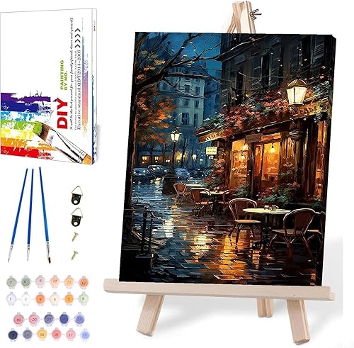 Peaceful Street Paint by Numbers for Adults with Framed Canvas-with Wooden Easel,Paint by Number on Canvas,DIY Acrylic Oil Painting Kits with Brushes Nice Gift Box for Home Wall Decor(12x16 Inch)