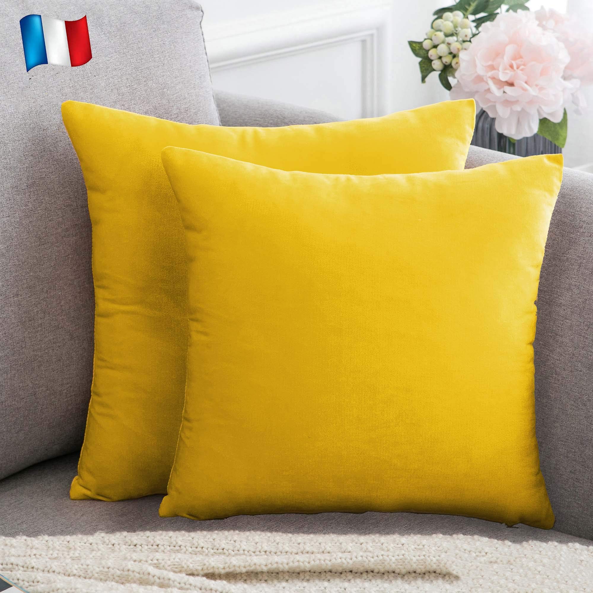 Douceur De Plumes Set of 2 Cushion Cover Yellow Velvet 20x20 Inch Plain, Soft and Modern Pillowcase, Scandinavian Living Room Decoration Sofa Bed Room Floor (2 Yellow)