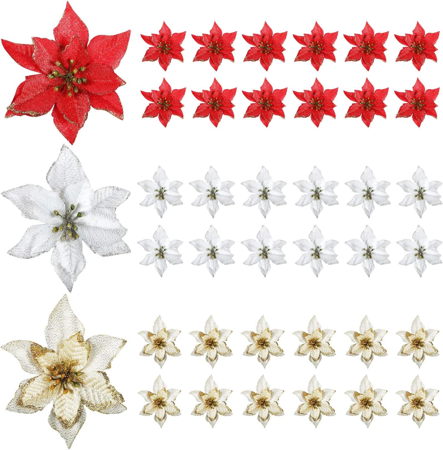 WILLBOND 45 Pieces Christmas Poinsettia Decorations Glitter Poinsettia Flowers Christmas Tree Flowers Red Gold White Silver for Xmas Tree Ornaments 5 Inch