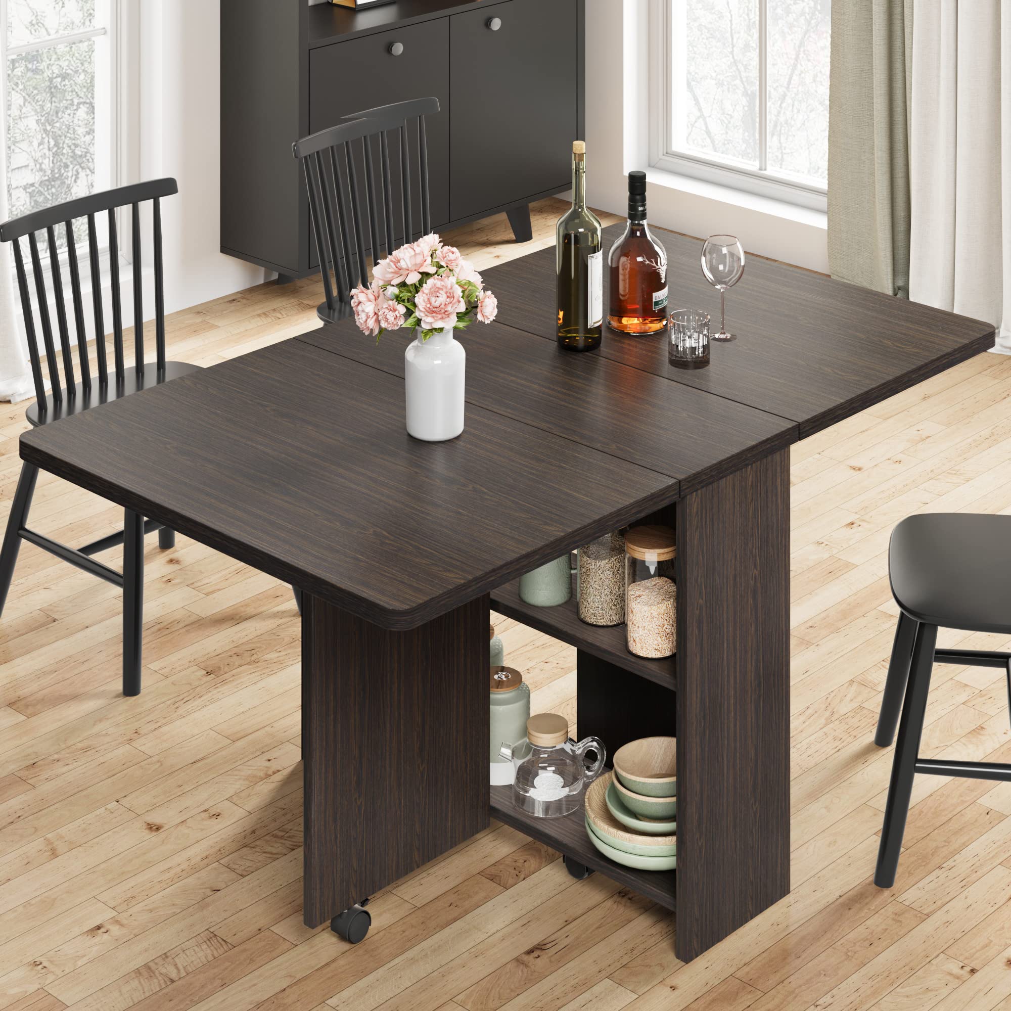 Photo 1 of IDEALHOUSE Folding Dining Table, Drop Leaf Dining Table with 6 Wheels and 2-Layer Storage Shelf, Space Saving Dining Table for Small Spaces (Dark Walnut, 47.2" D x 23.6" W x 29.5" H)