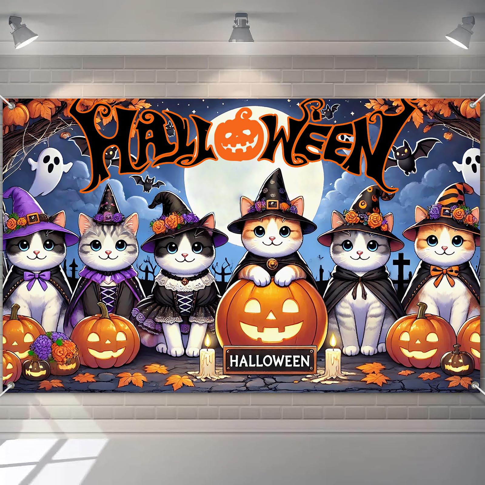 View 1 of **2 PACK***BlissYard Halloween Banner Cute Witch Cats Pumpkins Full Moon Bats Ghosts 71x43 Inches Spooky Night Party Indoor Outdoor Trick or Treat Photo Background Decoration