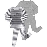 JunNeng Bamboo Viscose Pajamas for Toddler 4 Piece Baby Boys & Girls Snug Fit Long Sleeve Striped PJs Sleepwear, 12M-6Y