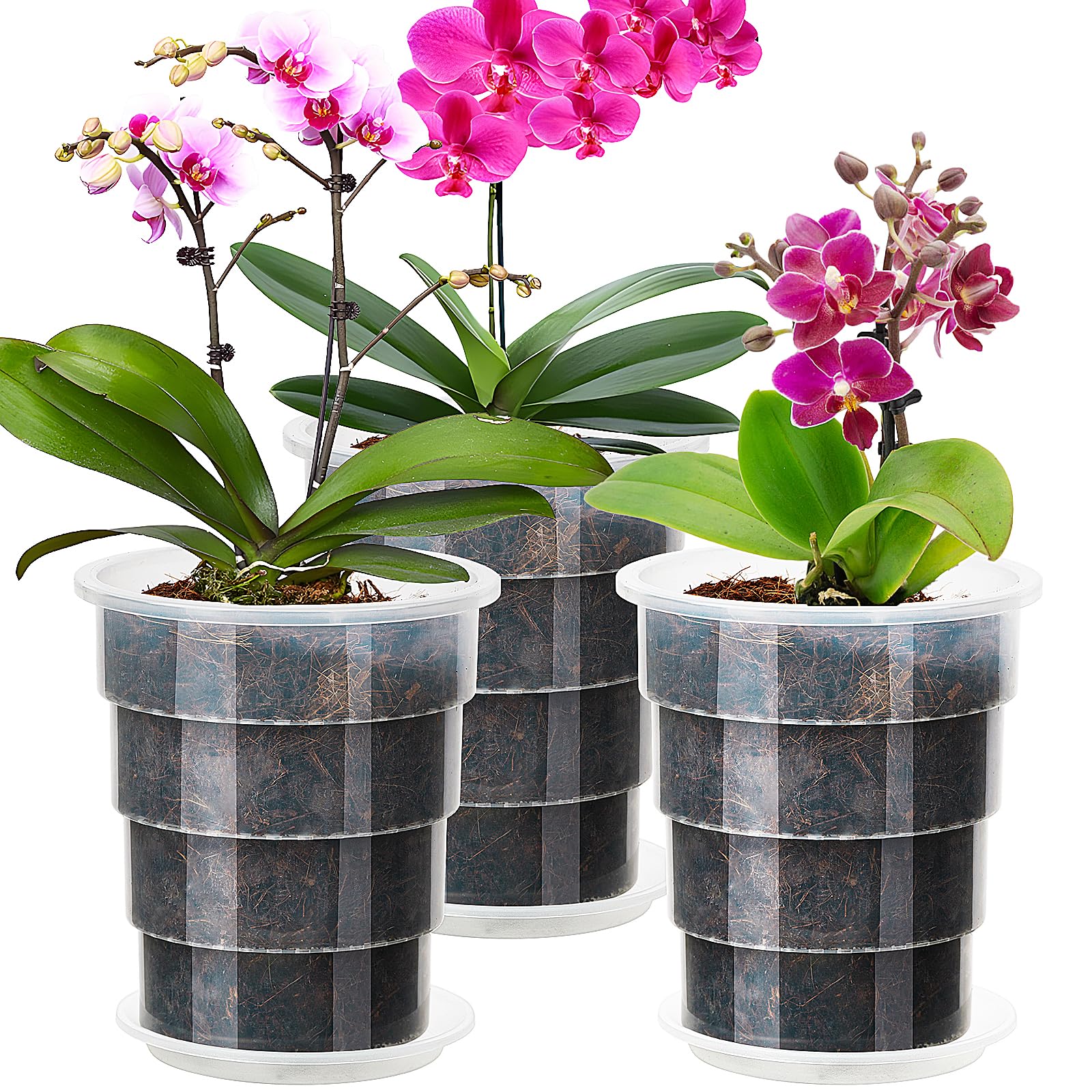 Photo 1 of KIMERSE Round Orchid Pot, Clear Flower Pot 3 Pack 4.7/5.5/6 Inches, Root Control Planting Pots with Tray, Plastic Plant Pot for Home Balcony Orchids, Water Moss, Spider Plants