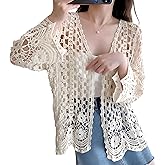 Women's Summer Long Sleeve Cardigan Hollow Out Crochet Knit Floral Cover Up Open Front Scalloped Mesh Beach Shrug Coat Beige