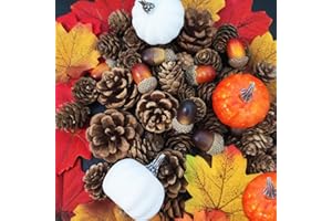 YMMLLP 184Pcs Artificial Pumpkins Artificial Acorns Natural Pinecones Ornament Artificial Maple Leaves Set Autumn Table Decorations for Home Fall Harvest Halloween Thanksgiving Day Winter Christmas Wedding
