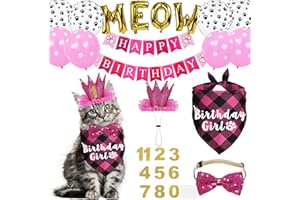 JOTFA Cat Birthday Party Supplies, Cat Birthday Hat Crown with Number Bandana Bow Tie Banner Balloons Meow Balloons for Cats Kittens Decorations