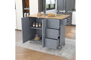GLANZEND 52.7" Rolling Mobile Kitchen Island Cart with Drop Leaf Wood Top, Adjustable Shelves Coffee Bar Trolley on Lockable Casters & Storage Cabinet & 3 Drawers for Dining Room, Grey