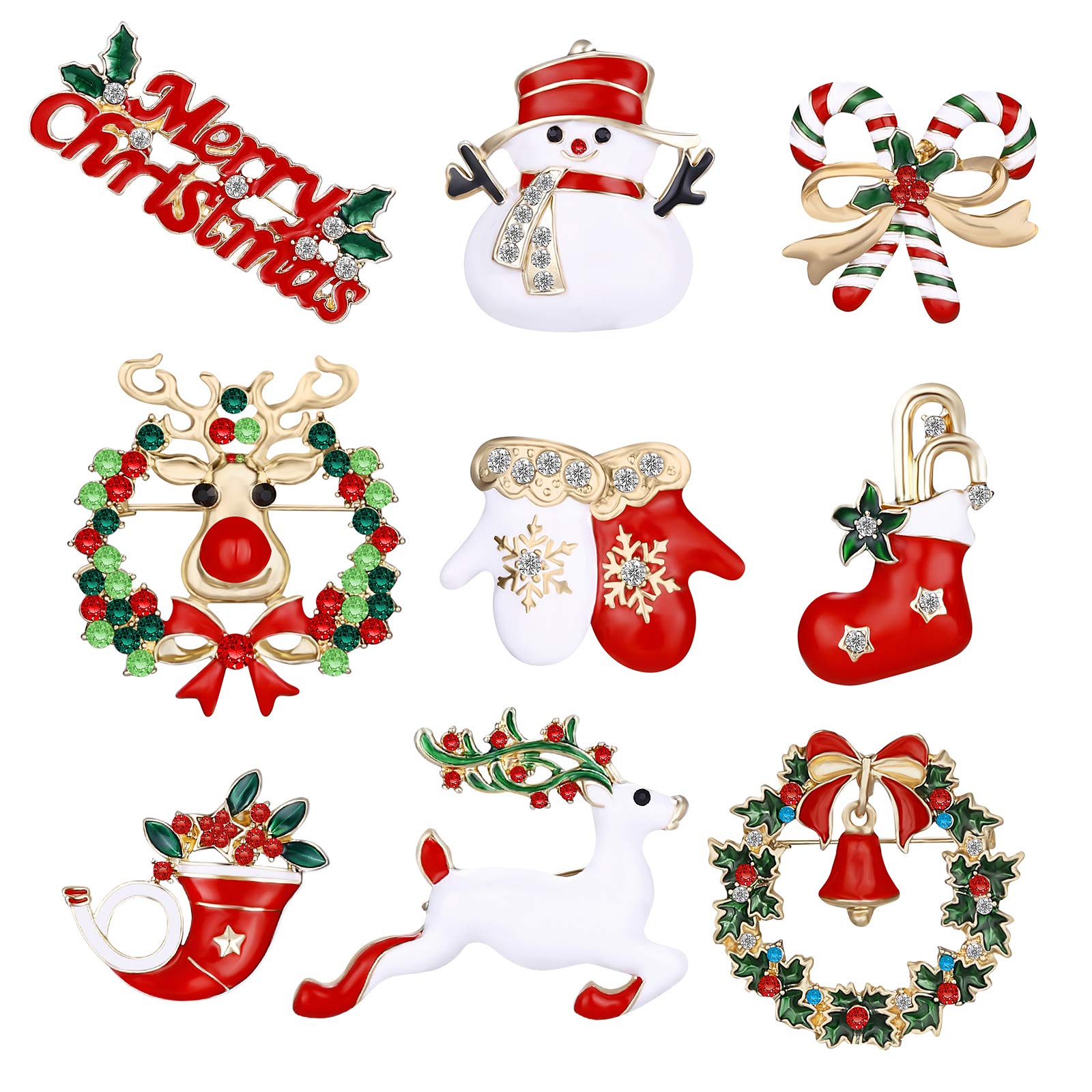 MELLIEX 9 Piece Christmas Brooches Pin Set Rhinestone Christmas Brooches Crystal Christmas Decoration for Clothes Gift Ornaments