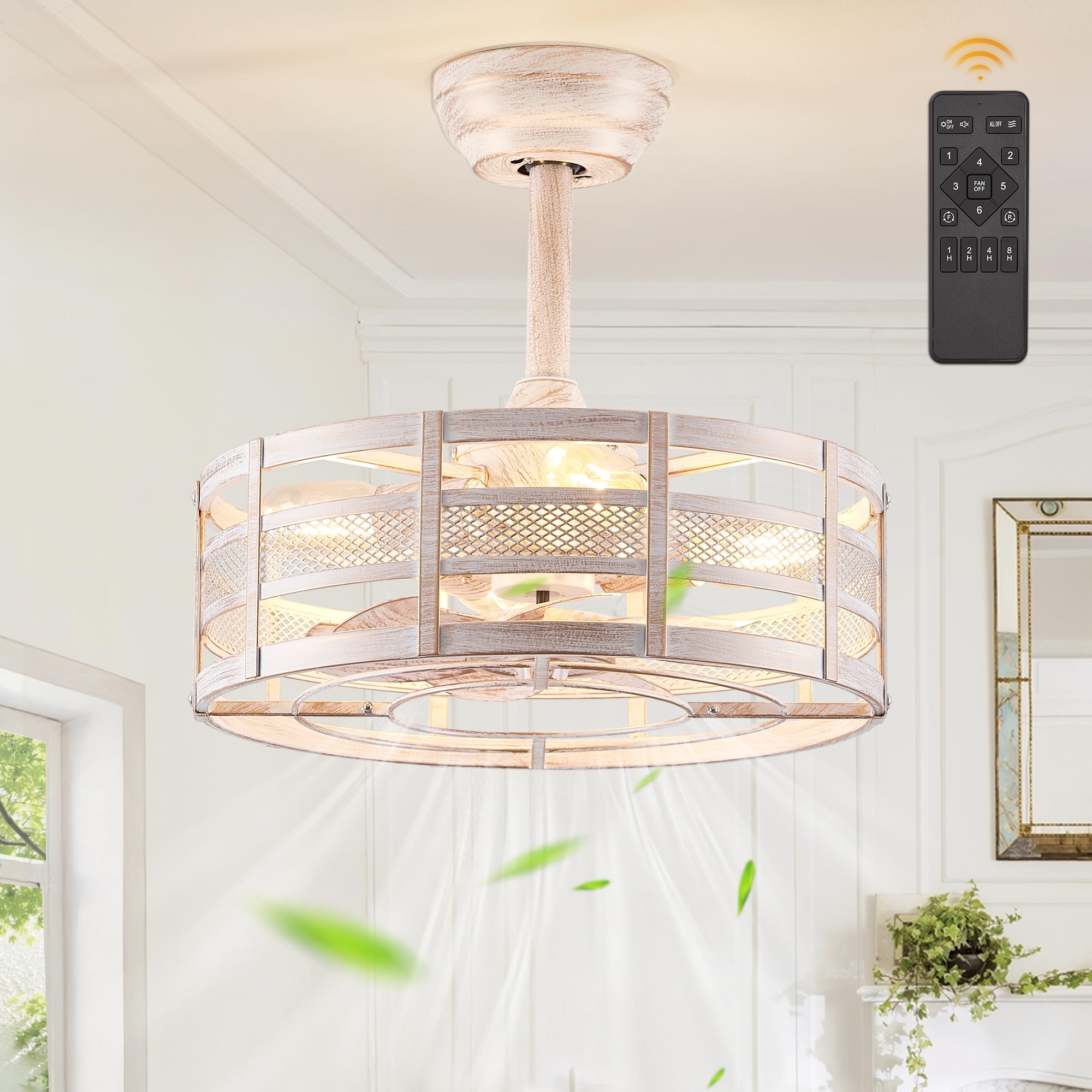 Photo 1 of Fanbulous 16in Caged Ceiling Fans with Lights and Remote, Fandelier Ceiling Fan with 6 Speeds and Timing, Farmhouse Samll Fan Lights Ceiling Fixtures For Kitchen, Bedroom-White and Gold