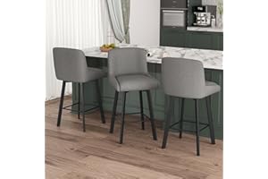 SAECKBERG Swivel Counter Height Bar Stools Set of 3, 26''H Upholstered Barstools with Backs, Modern Bar Stool Chairs for Kitchen Island, Metal Legs, Fabric, Gray Stools Counter Chair