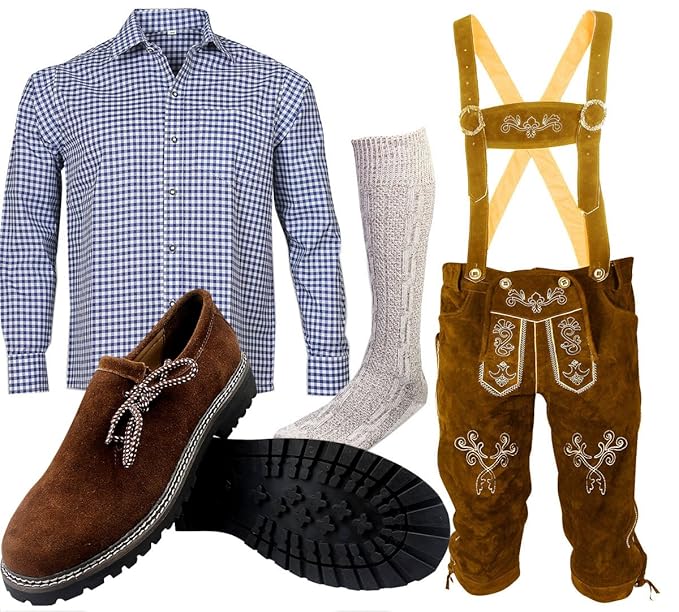ALL THE GOOD Herren Trachten set Oktoberfest (Hose +Hemd +Schuhe +Socken) Bayerische Lederhose Trachtenhose B2
