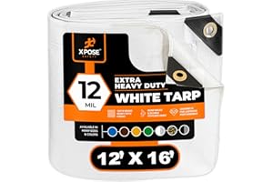 Heavy Duty White Poly Tarp 12' X 16' - Multipurpose Protective Cover - Durable, Waterproof, Weather Proof, Rip and Tear Resistant - Extra Thick 12 Mil Polyethylene - by Xpose Safety