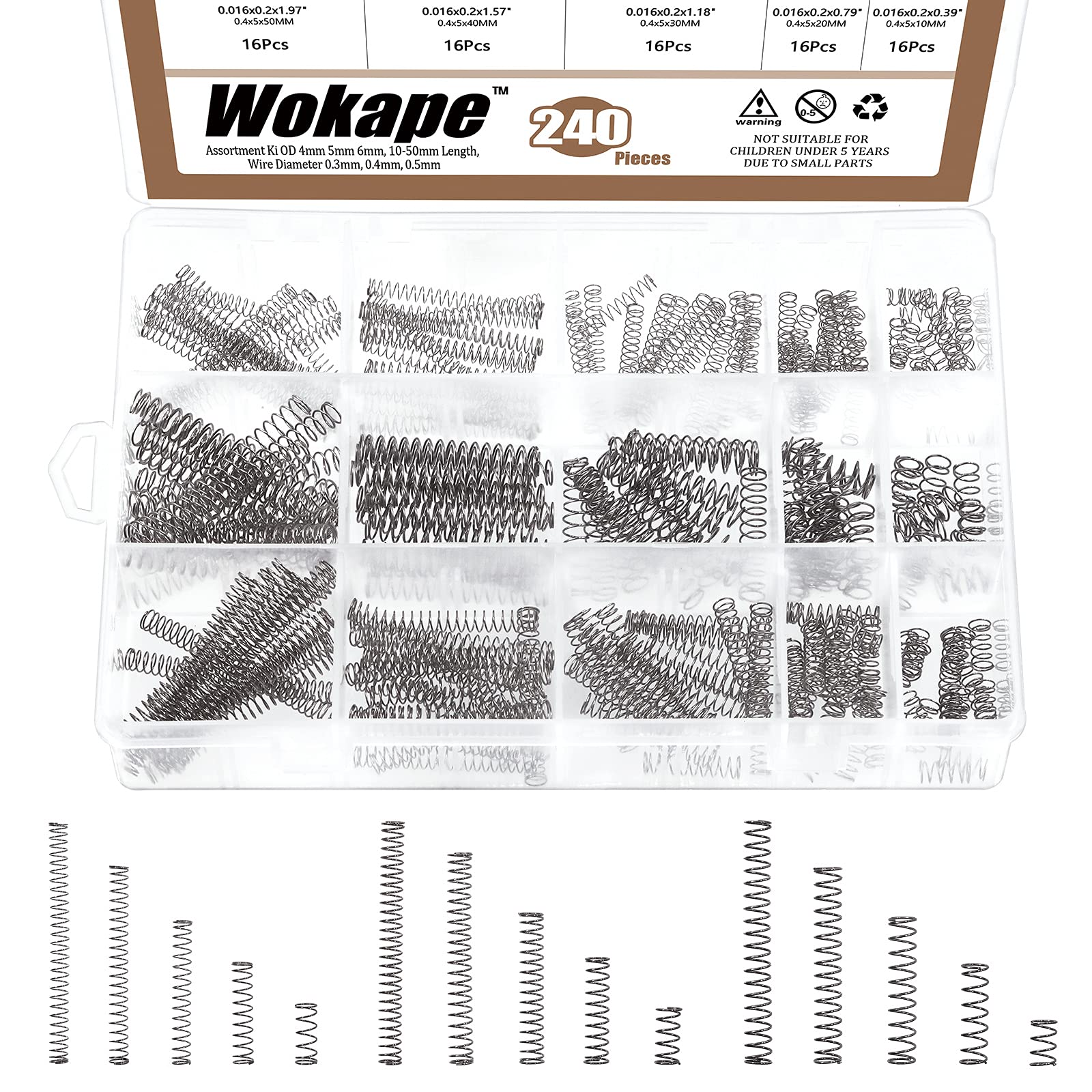 Wokape 240Pcs 15 Sizes Compression Springs Assortment Kit, Mini Stainless Steel Springs for Shop and Home Repairs, 0.39" to 1.97" Length, 0.16" to 0.24" OD, 10mm - 50mm Length, 4-6mm OD