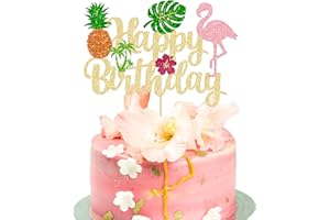 Ephlyn 1Pc Tropical Luau Happy Birthday Cake Topper Glitter Palm Tree Flamingo Pineapple Aloha Cake Pick Decorations for Hawaiian Luau Theme Birthday Party Supplies