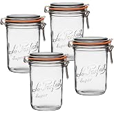 Le Parfait Super Terrine 1L (32oz) Glass Canning Jar, Wire Bail Lid, 4 Pk | Airtight rubber seal and wire bail for canning, p