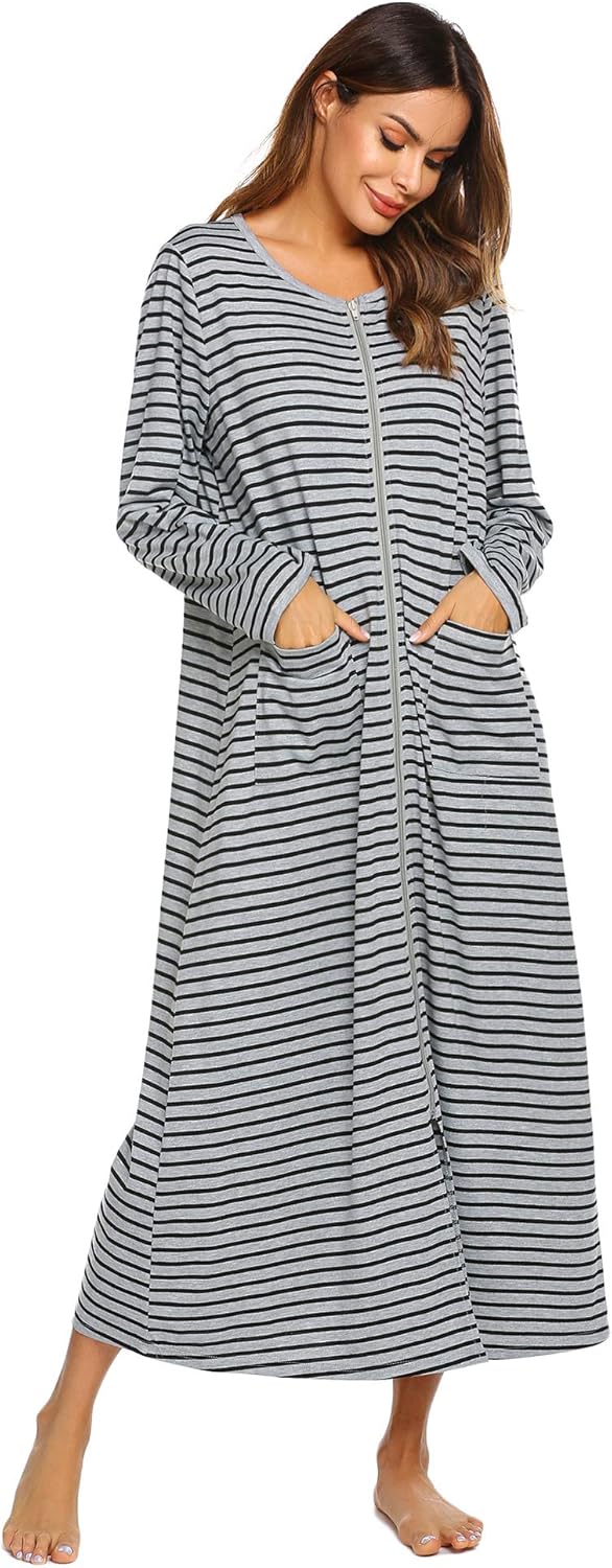 Ekouaer Women Long House Coat Zipper Front Robes Full Length Nightgowns with Pockets Striped Loungewear