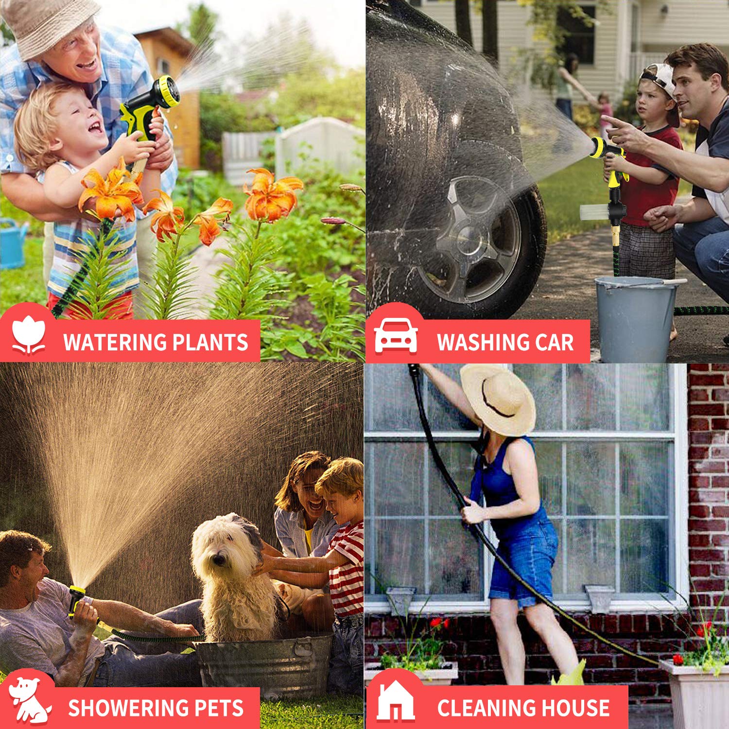 Pimpimsky Garden Hose, Hose Flexible 15M Extended Water Hose with Stainless Steel Spray Gun Brass Adapter 9 Styles Shower 100ML Solution Can Save Space Easy for Gardening Car Wash (15M/50FT)