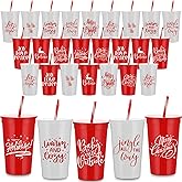 Sliner 30 Pcs 34 oz Christmas Tumbler with Straw Lid Winter Holiday Coffee Mug Cup Reusable Plastic Cup Xmas Joy Love Peace Believe School Classroom Rewards Party Supplies for Student from Teacher