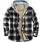 Flygo Flannel Shirt Jacket Men Fleece Hoodie Sherpa Lined Plaid Button Down Fall Winter Jackets with Hood