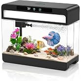Swimsync 3 Gallon Fish Tank Starter Kit, Aquarium for Betta, Dark Black | 3-in-1 Silent Water Filter with Filtration Circulation Oxygenation Temperature Display 7 Colors LED Lights, Artificial Plant