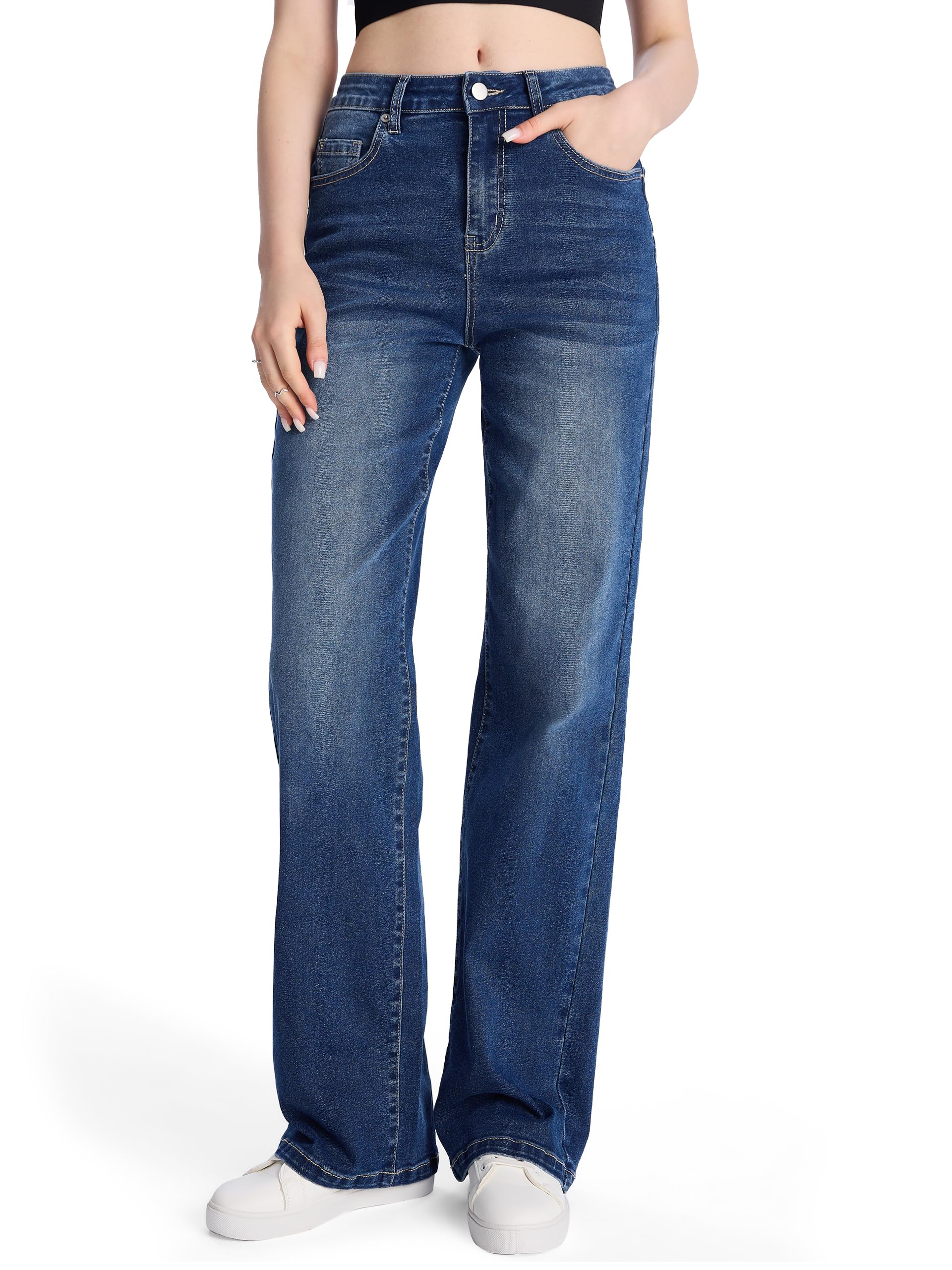 Photo 1 of SEVEGO Women's 32"/34"/36" Tall Straight Leg Jeans Mid Waisted Stretchy Loose Denim Pants Casual Baggy Jean Trousers 36'', Blue, M