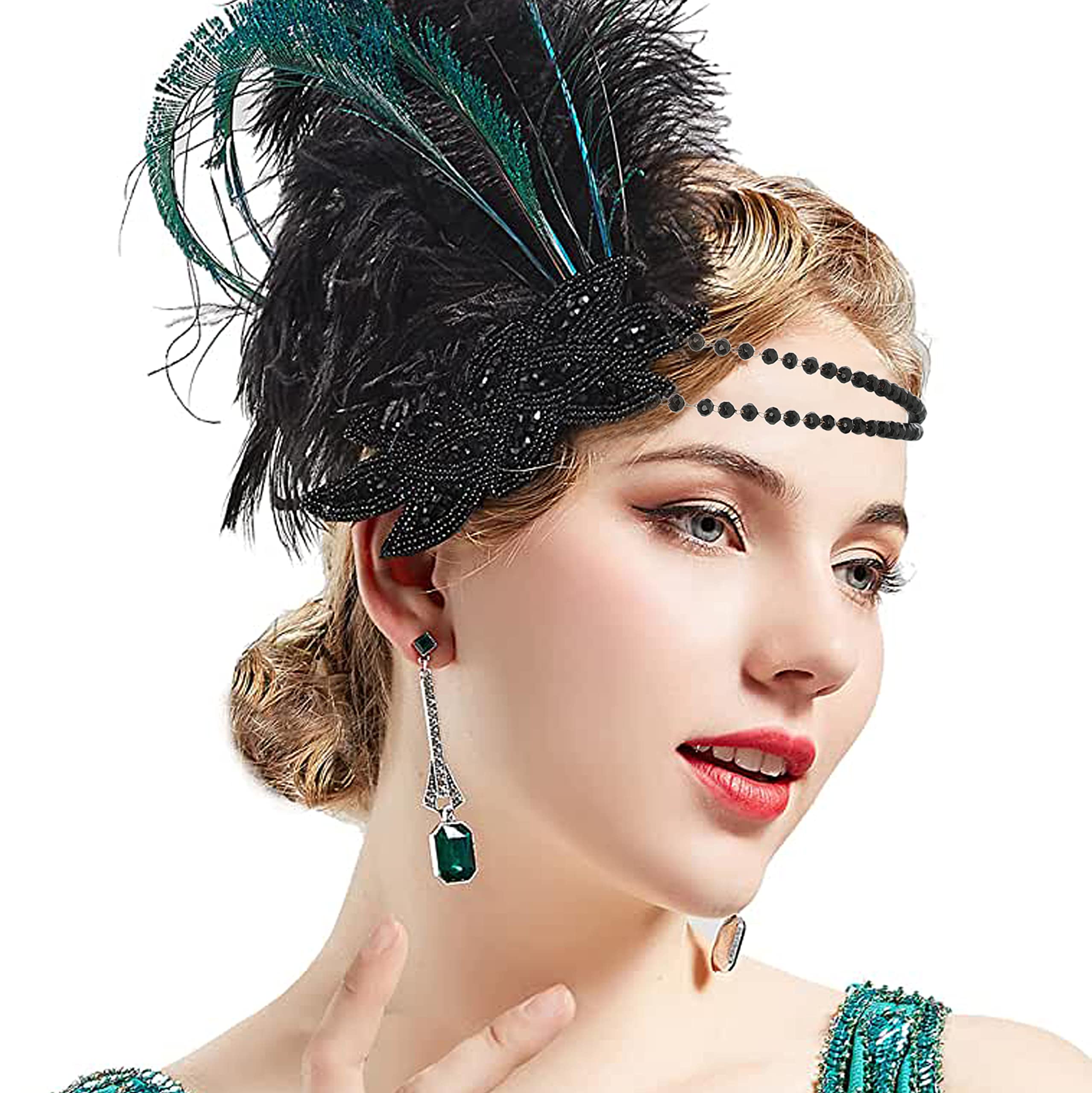 IYOU Feather Flapper Headband Black Crystal Gatsby Headpiece Party Prom 1920s Hair Accessories for Women