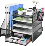 Marbrasse Desk Organiser 5-Tier Tray Drawer 2 Pen Holders Mesh Black view 3