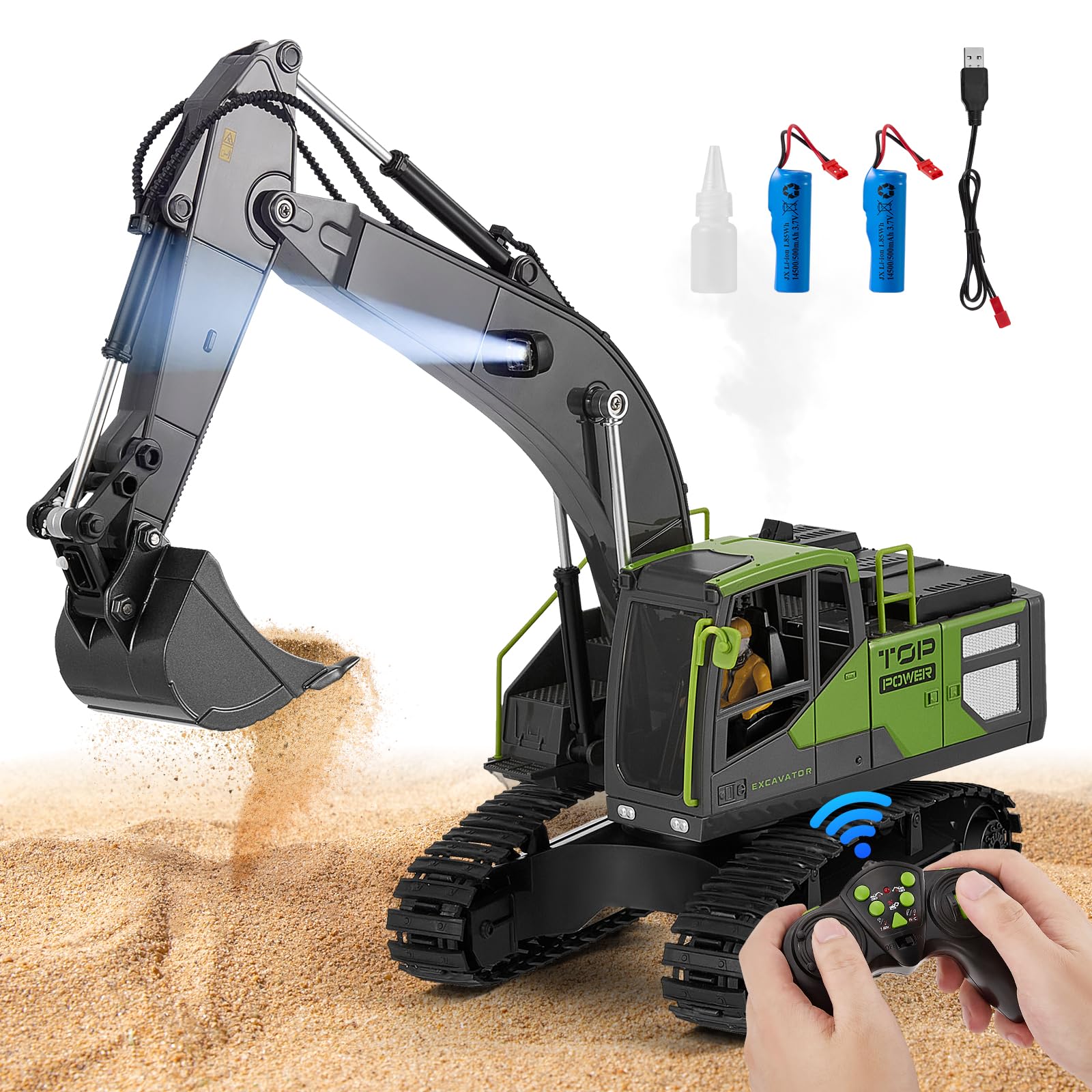 Trsaow Remote Control Excavator RC Digger Tractor Toys for Boys 13-Channel 2.4GHz 1:18 Scale Remote Control Truck with 680° Rotating Cab LED Light & Spray 50 Min Play with 2 Batteries Alloy Bucket