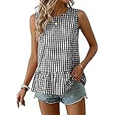BLENCOT Women Gingham Sleeveless Shirts Ruffle Round Neck Peplum Tank Tops Business Casual Dressy Blouses