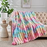 Lotus Karen Faux Fur Throw Blanket Rainbow - Big Bubble Rabbit Fluff Blanket for Couch, Small Fluffy Fuzzy Cozy Blanket, Thick Furry Plush Shaggy Blankets, 50x60 Inches