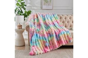 Lotus Karen Faux Fur Throw Blanket Rainbow - Big Bubble Rabbit Fluff Blanket for Couch, Small Fluffy Fuzzy Cozy Blanket, Thick Furry Plush Shaggy Blankets, 50x60 Inches